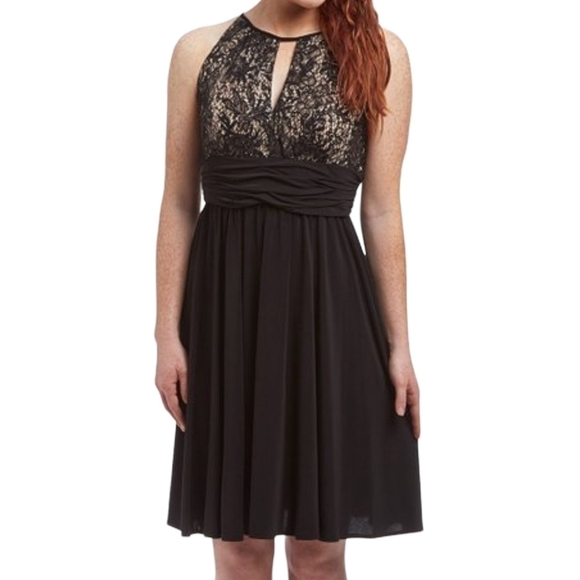 R&M Richards | Black & Taupe Lace Rouched Waist Cocktail Dress (Size 18W) - Picture 1 of 16